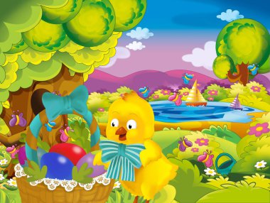 çizgi film bahar doğa arka plan ile sepet yumurta - dolu illüstrasyon çocuklar için park ve Paskalya tavuk