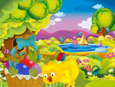 çizgi film bahar doğa arka plan ile sepet yumurta - dolu illüstrasyon çocuklar için park ve Paskalya tavuk