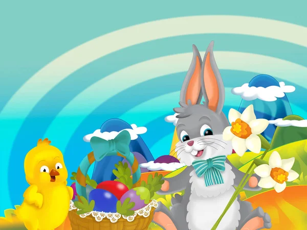 Dibujos Animados Feliz Conejo Pascua Pequeño Pollo Con Hermosas Flores —  Fotos de Stock