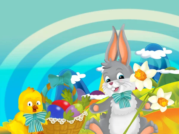 cartoon happy easter rabbit and little chicken with beautiful flowers and easter basket full of eggs on nature spring background - illustration for children