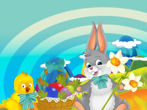 漫画幸せなイースターのウサギと美しい花やイースター バスケット卵の性質上完全に少し鶏春の背景 子供のための図 — ストック写真