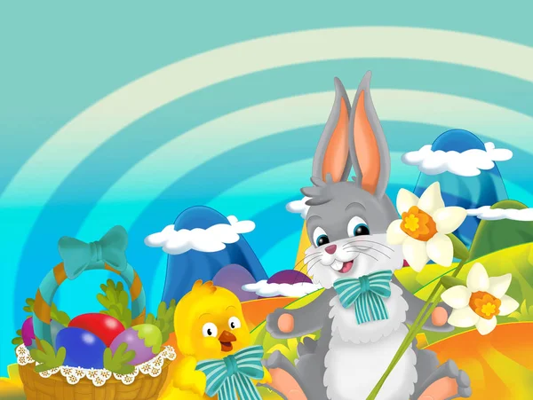 Dibujos Animados Feliz Conejo Pascua Pequeño Pollo Con Hermosas Flores —  Fotos de Stock