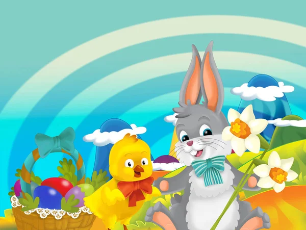 卡通快乐复活节兔子和小鸡与美丽的花和复活节篮子充满了鸡蛋在自然春天背景 例证为孩子 — 图库照片