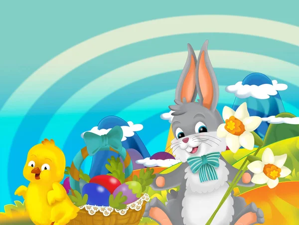卡通快乐复活节兔子和小鸡与美丽的花和复活节篮子充满了鸡蛋在自然春天背景 例证为孩子 — 图库照片