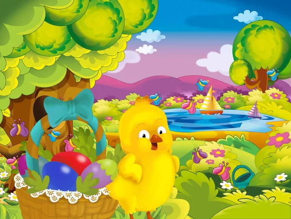 cartoon spring nature background of park and easter chicken with basket full of eggs - illustration for children