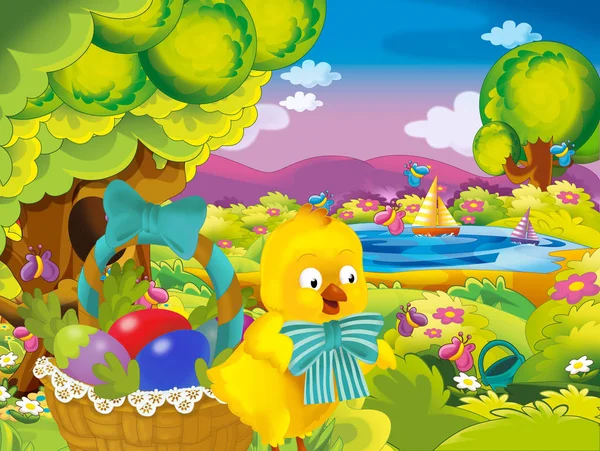 cartoon spring nature background of park and easter chicken with basket full of eggs - illustration for children