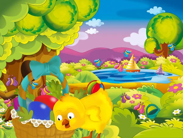 Cartoon Spring Nature Background Park Easter Chicken Basket Full Eggs — Stock Photo, Image