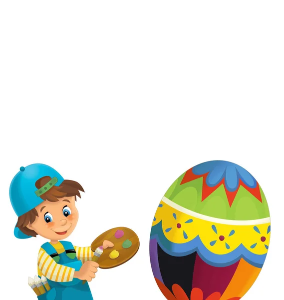 Cartoon Happy Scene Kid Boy Painting Giant Easter Egg White — Stock Photo, Image