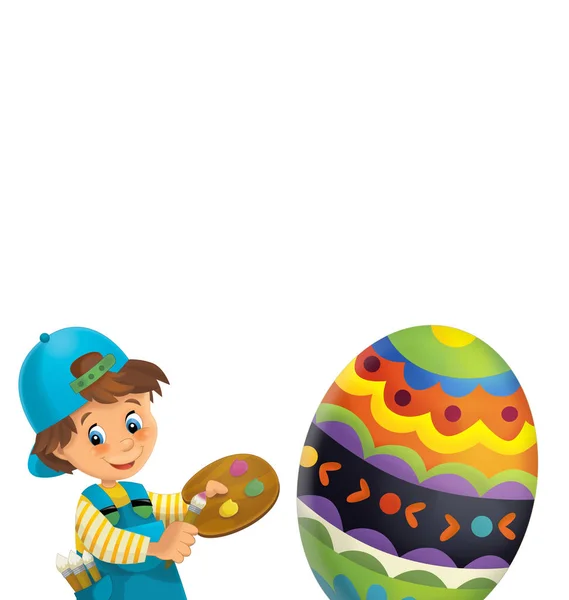 Cartoon Happy Scene Kid Boy Painting Giant Easter Egg White — Stock Photo, Image