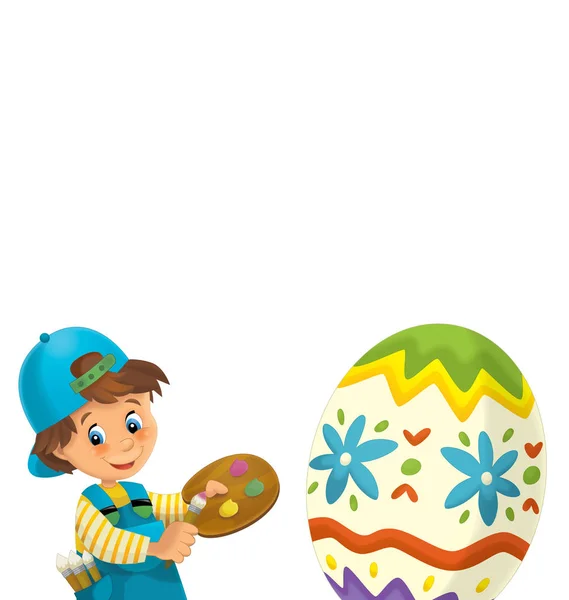 Cartoon Happy Scene Kid Boy Painting Giant Easter Egg White — Stock Photo, Image