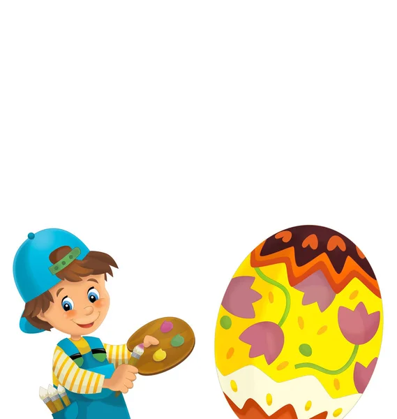 Cartoon Gelukkig Scène Met Jongen Jongen Schilderij Reus Easter Egg — Stockfoto