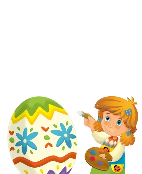 Cartoon Happy Scene Kid Girl Painting Giant Easter Egg White — Stock Photo, Image