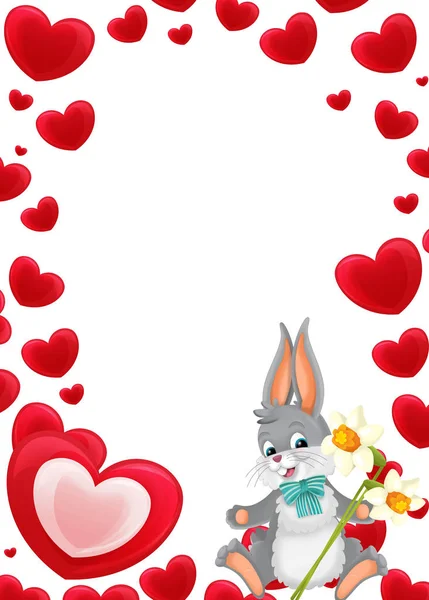 Cartoon frame with hearts and rabbit with flowers on white background valentines - illustration for children
