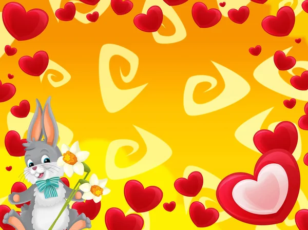 Cartoonrahmen Mit Herzen Und Kaninchen Mit Blumen Valentines Illustration Für — Stockfoto