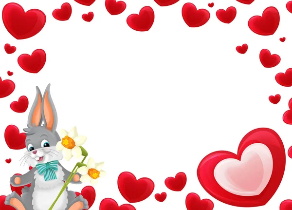 Kreslený Snímek Srdce Králíka Květy Bílém Pozadí Valentinky Ilustrace Pro — Stock fotografie