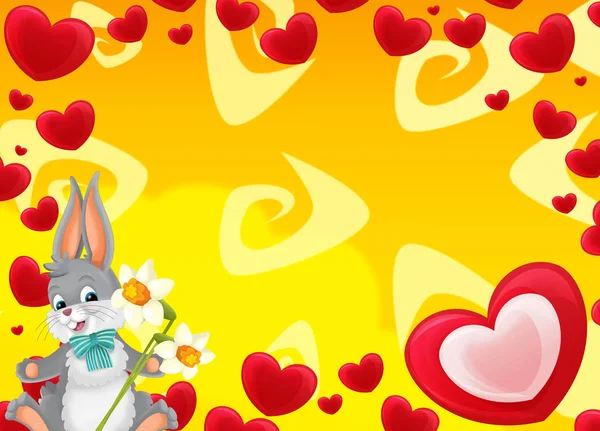 Cartoonrahmen Mit Herzen Und Kaninchen Mit Blumen Valentines Illustration Für — Stockfoto