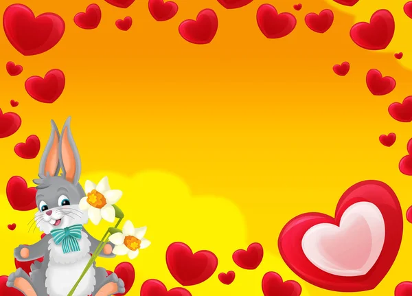 Cartoonrahmen Mit Herzen Und Kaninchen Mit Blumen Valentines Illustration Für — Stockfoto