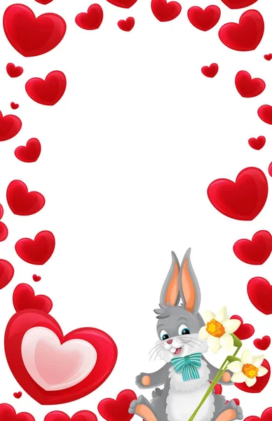 心と子供のイラスト白背景バレンタイン の花とウサギ漫画フレーム — ストック写真