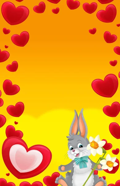 Cartoon frame with hearts and rabbit with flowers valentines - illustration for children