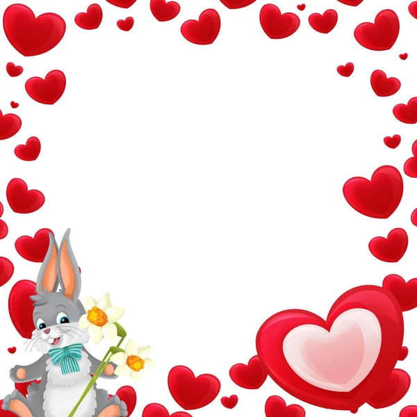 Cartoon Frame Hearts Rabbit Flowers White Background Valentines Illustration Children — Stock Photo, Image