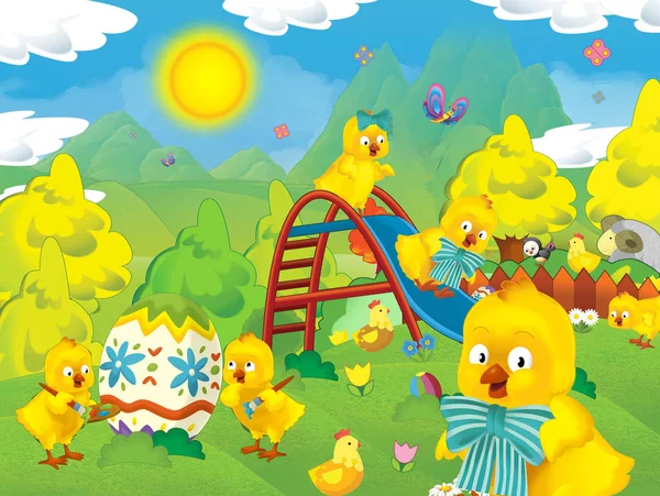 Feliz Pascua Dibujos Animados Con Muchos Pollos Huevo Pascua Ilustración — Foto de Stock