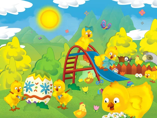 Feliz Pascua Dibujos Animados Con Muchos Pollos Huevo Pascua Ilustración —  Fotos de Stock