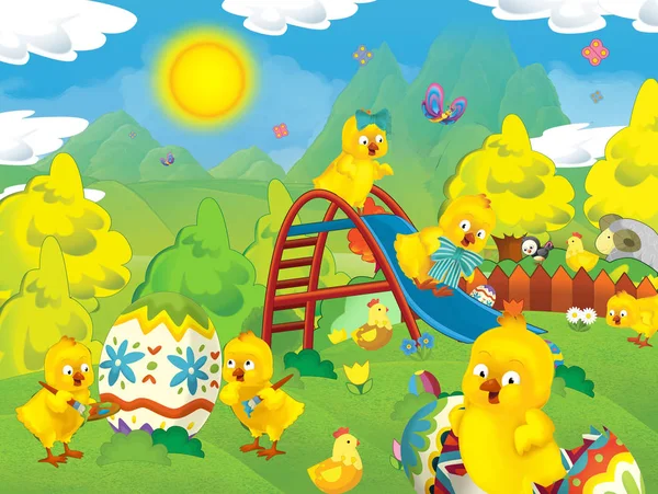 Feliz Pascua Dibujos Animados Con Muchos Pollos Huevo Pascua Ilustración — Foto de Stock