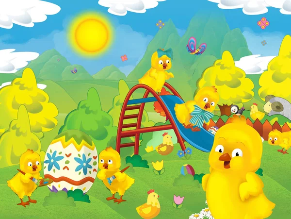 Cartoon Frohe Ostern Mit Vielen Hühnern Und Osterei Illustration Für — Stockfoto