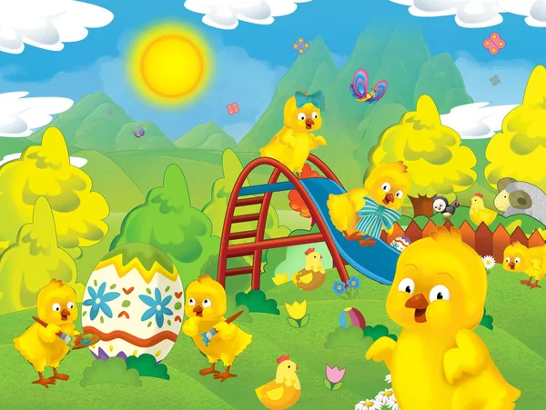Feliz Pascua Dibujos Animados Con Muchos Pollos Huevo Pascua Ilustración —  Fotos de Stock