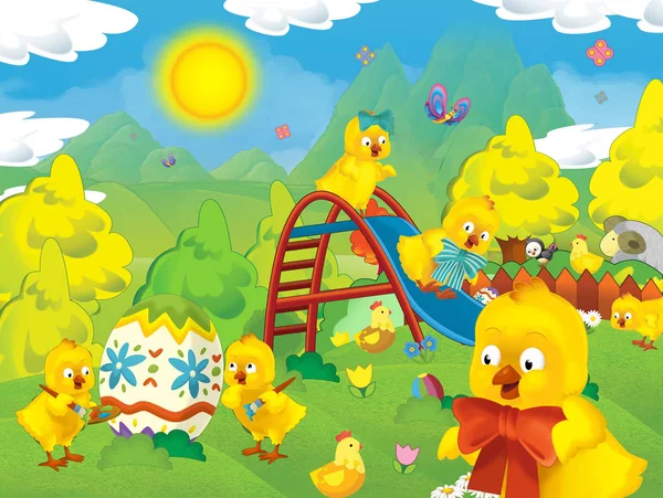 Feliz Pascua Dibujos Animados Con Muchos Pollos Huevo Pascua Ilustración —  Fotos de Stock