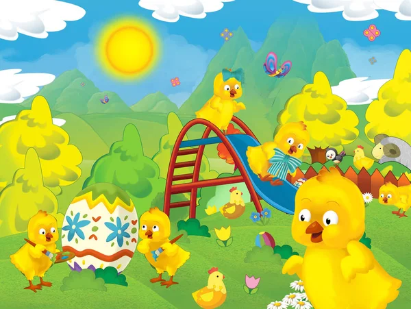 Feliz Pascua Dibujos Animados Con Muchos Pollos Huevo Pascua Ilustración —  Fotos de Stock