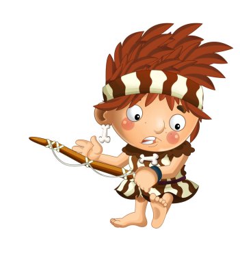 mutlu mağara adamı barbar savaşçı balıkçı üzerinde beyaz arka plan illüstrasyon çocuklar için çizgi film sahne