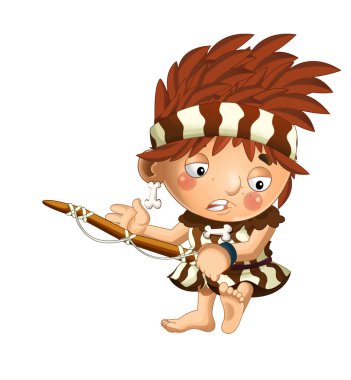 mutlu mağara adamı barbar savaşçı balıkçı üzerinde beyaz arka plan illüstrasyon çocuklar için çizgi film sahne