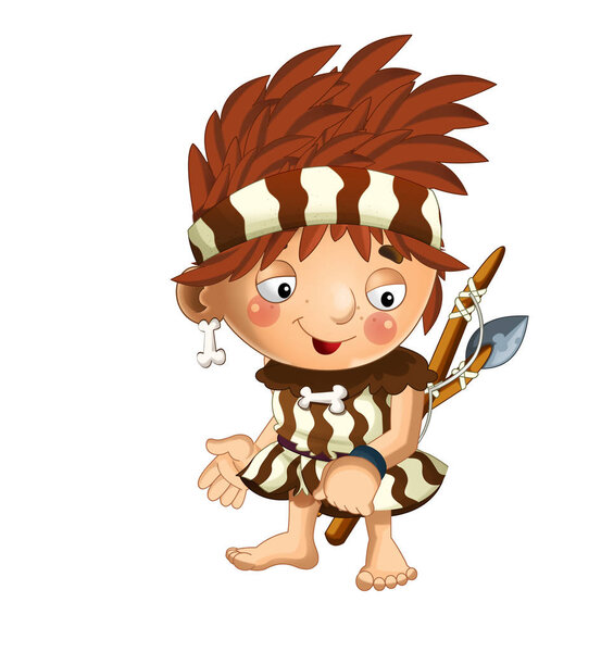 cartoon scene with happy caveman barbarian warrior fisherman with spear on white background illustration for children