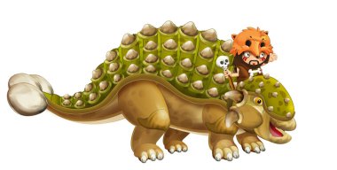 çizgi film dinozor Euplocephalus ve onu - beyaz arka planda - çocuklar için illüstrasyon izole sürme mağara adamı