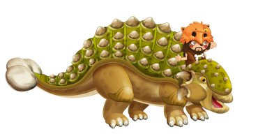 çizgi film dinozor Euplocephalus ve onu - beyaz arka planda - çocuklar için illüstrasyon izole sürme mağara adamı