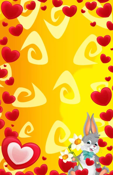 Cartoonrahmen Mit Herzen Und Kaninchen Mit Blumen Für Valentinstag Illustration — Stockfoto