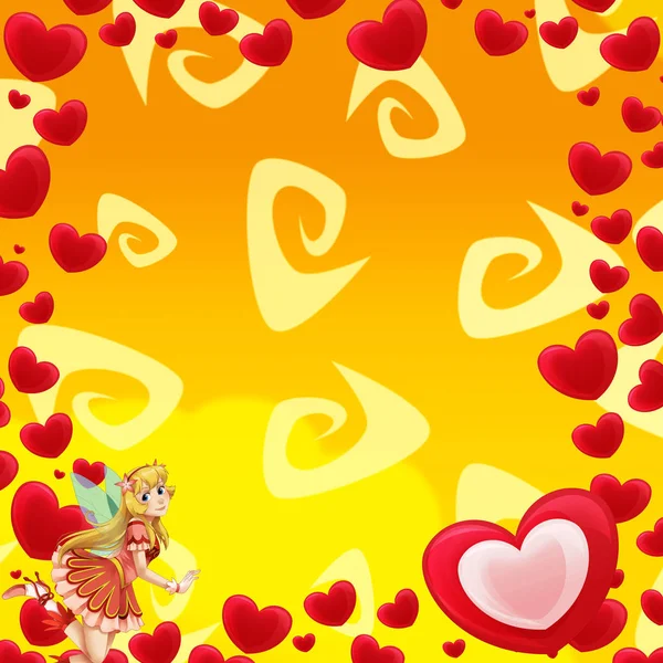 Moldura Desenho Animado Com Corações Namorados Fadas Voadoras Ilustração Para — Fotografia de Stock