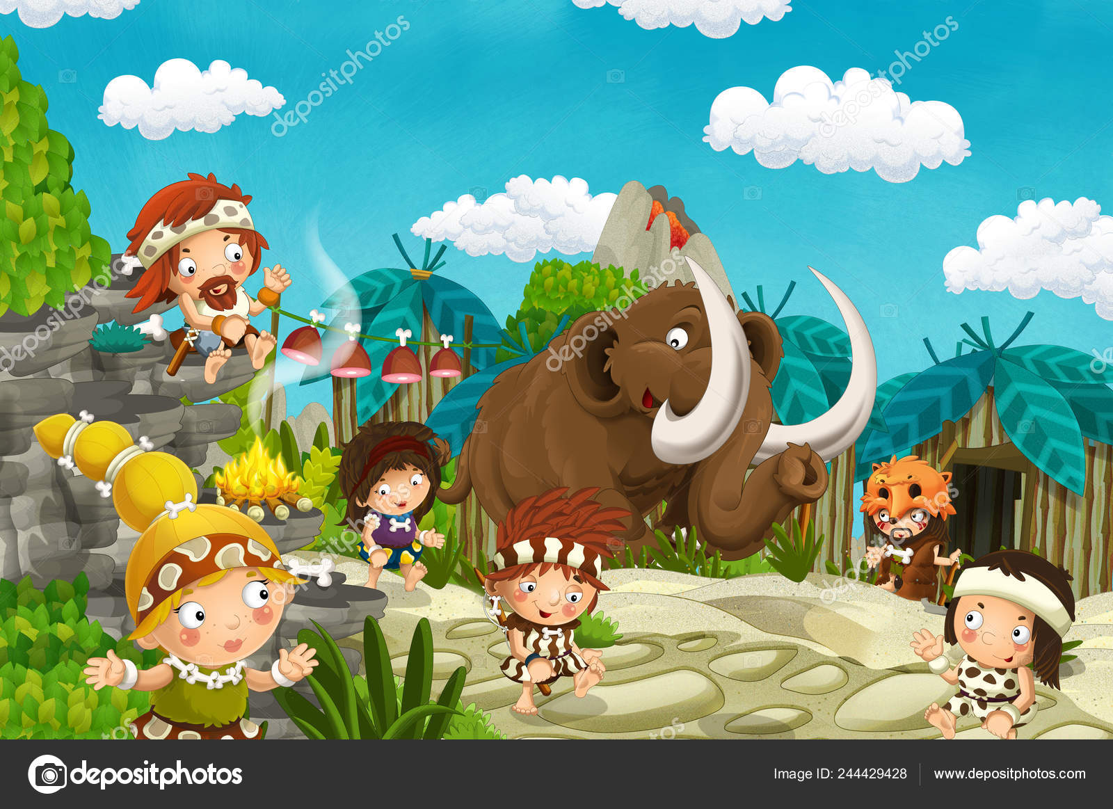 Cartoon Caveman Village Scene Mammoth Volcano Background Stone Age Illustration Stock Photo C Illustrator Hft 244429428