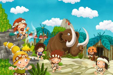 mamut ve çocuklar için arka plan - taş devri - illüstrasyon yanardağ ile çizgi film mağara Köyü manzara
