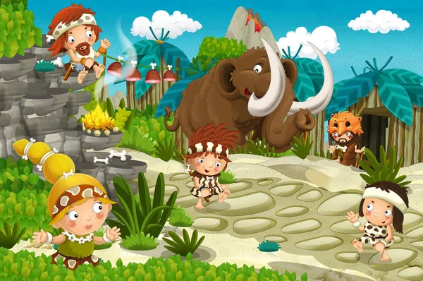 Cartoon Caveman Village Scene Mammoth Volcano Background Stone Age Illustration — Stock Photo, Image