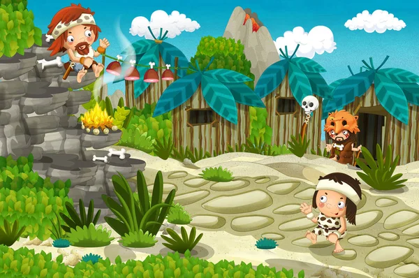 cartoon caveman village scene with volcano in the background - stone age - illustration for children