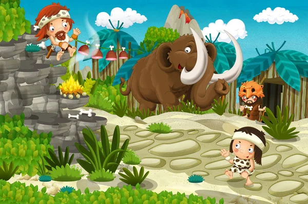 cartoon caveman village scene with mammoth and volcano in the background - stone age - illustration for children