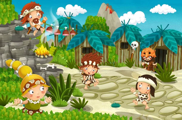 动画片穴居人村庄场面与火山在背景 石头年龄 例证为孩子 — 图库照片