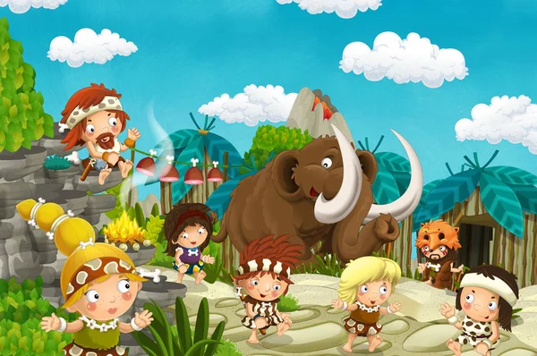 Cartoon Caveman Village Scene Mammoth Volcano Background Stone Age Illustration — Stock Photo, Image