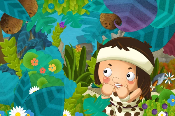 Kreskówka Scena Hunter Jaskiniowiec Barbarzyńca Dżungli Ilustracja Dla Dzieci — Zdjęcie stockowe
