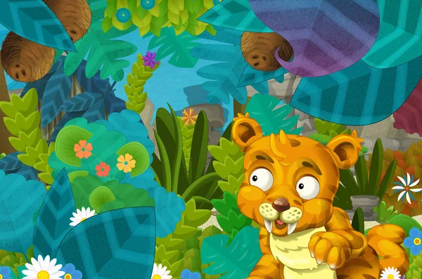 Γελοιογραφία Σκηνή Γάτα Δόντι Σπάθη Στη Ζούγκλα Εικονογράφησης Για Παιδιά — Φωτογραφία Αρχείου