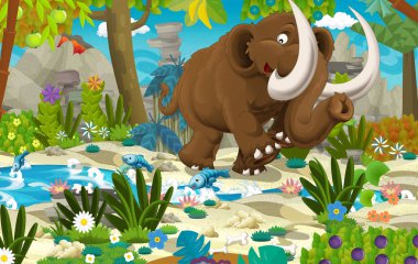 İçinde belgili tanımlık geçmiş - illüstrasyon çocuklar için nehir volkan yakın tarih öncesi mamut ile çizgi film sahne