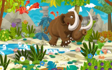 İçinde belgili tanımlık geçmiş - illüstrasyon çocuklar için nehir volkan yakın tarih öncesi mamut ile çizgi film sahne