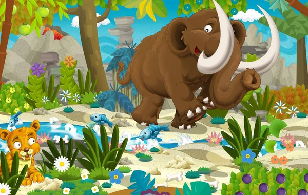 Cartoon Scène Met Prehistorische Mammoet Buurt Van Rivier Vulkaan Achtergrond — Stockfoto